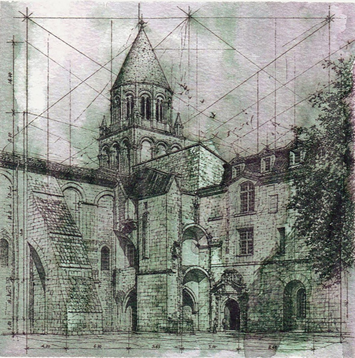 Architectural art print of Abbaye aux Dames, Saintes, France, with visible construction lines and watercolour wash