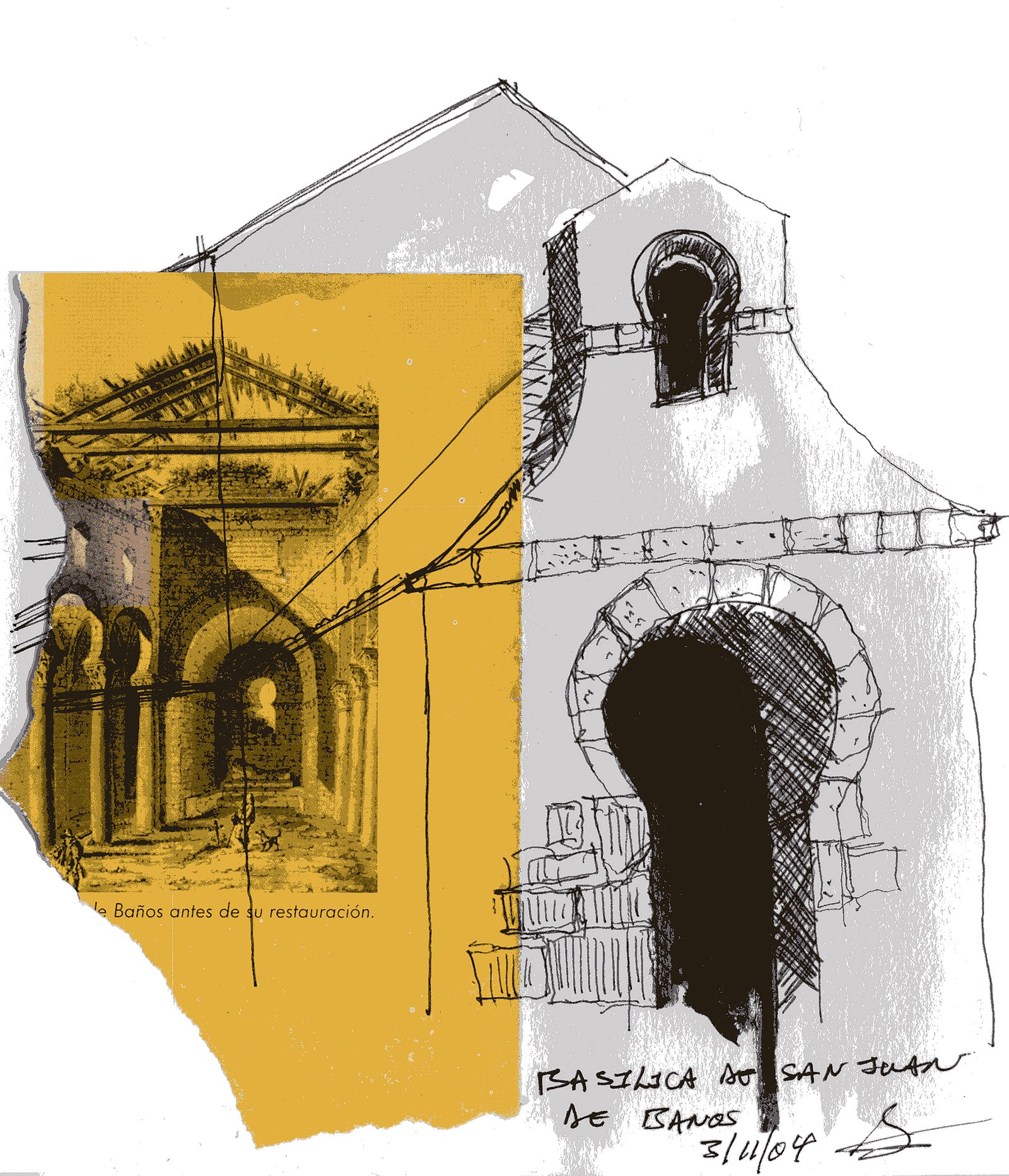 Travel-inspired mixed-media collage art print of the Church of San Juan Bautista de Baños in Spain, built from sketch line and torn ochre paper