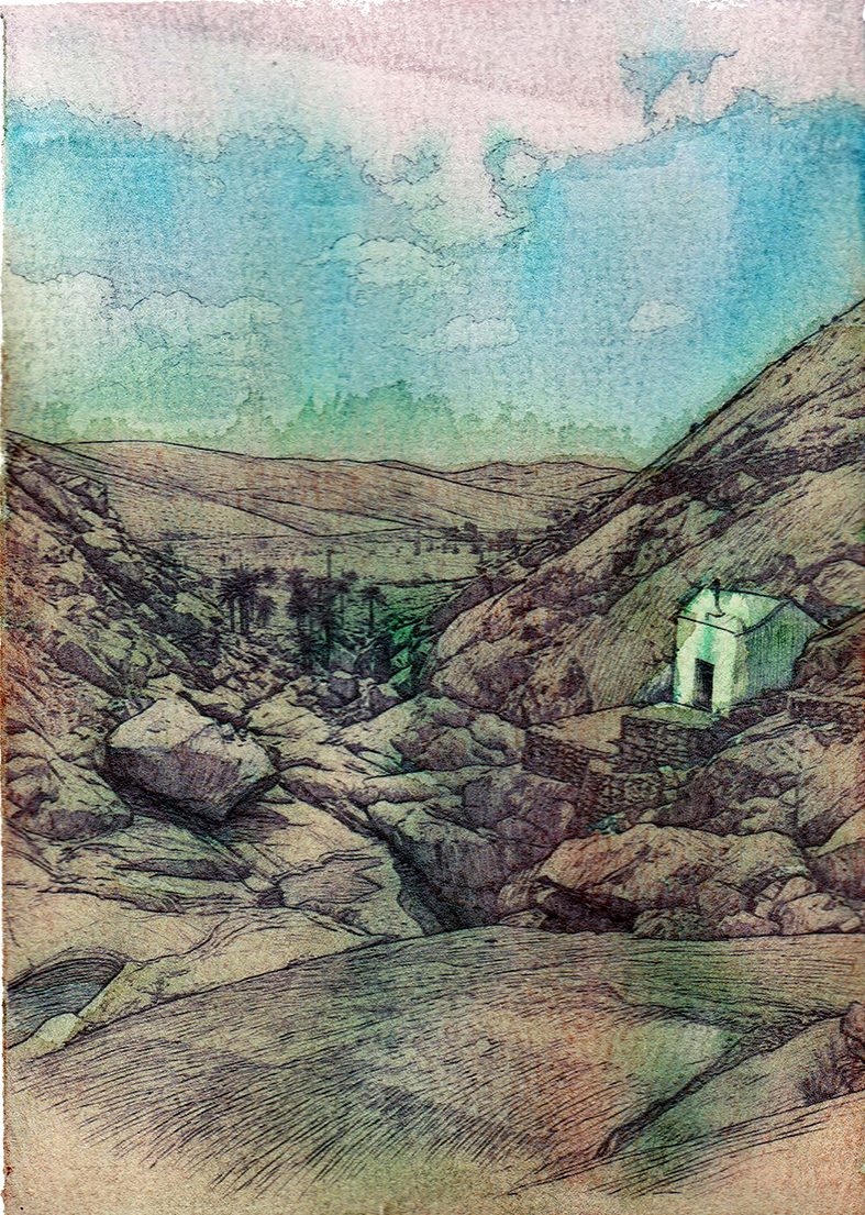 Fuerteventura art print of a small white chapel built into a volcanic hillside in the Canary Islands, in expressive ink and watercolour