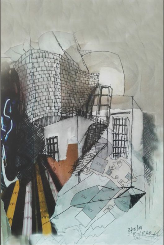 Modern architecture art print of the Guggenheim Museum Bilbao rendered in metallic collage and ink by Gerald Allen Knowles