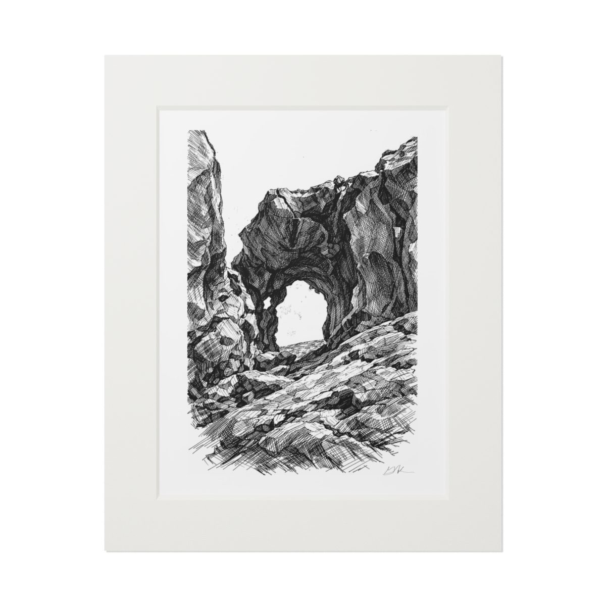 Black and white pen drawing art print of a wind-eroded rock arch on the coast of Fuerteventura, Canary Islands