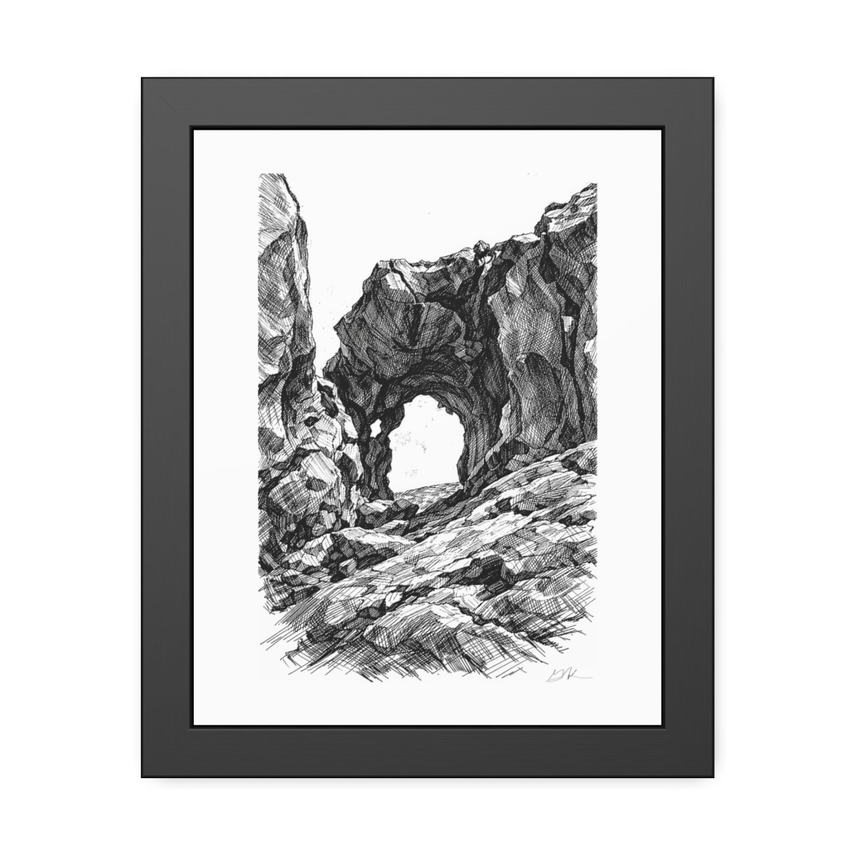 Framed black and white pen drawing print of the wind-eroded rock arch on the Fuerteventura coast, Canary Islands
