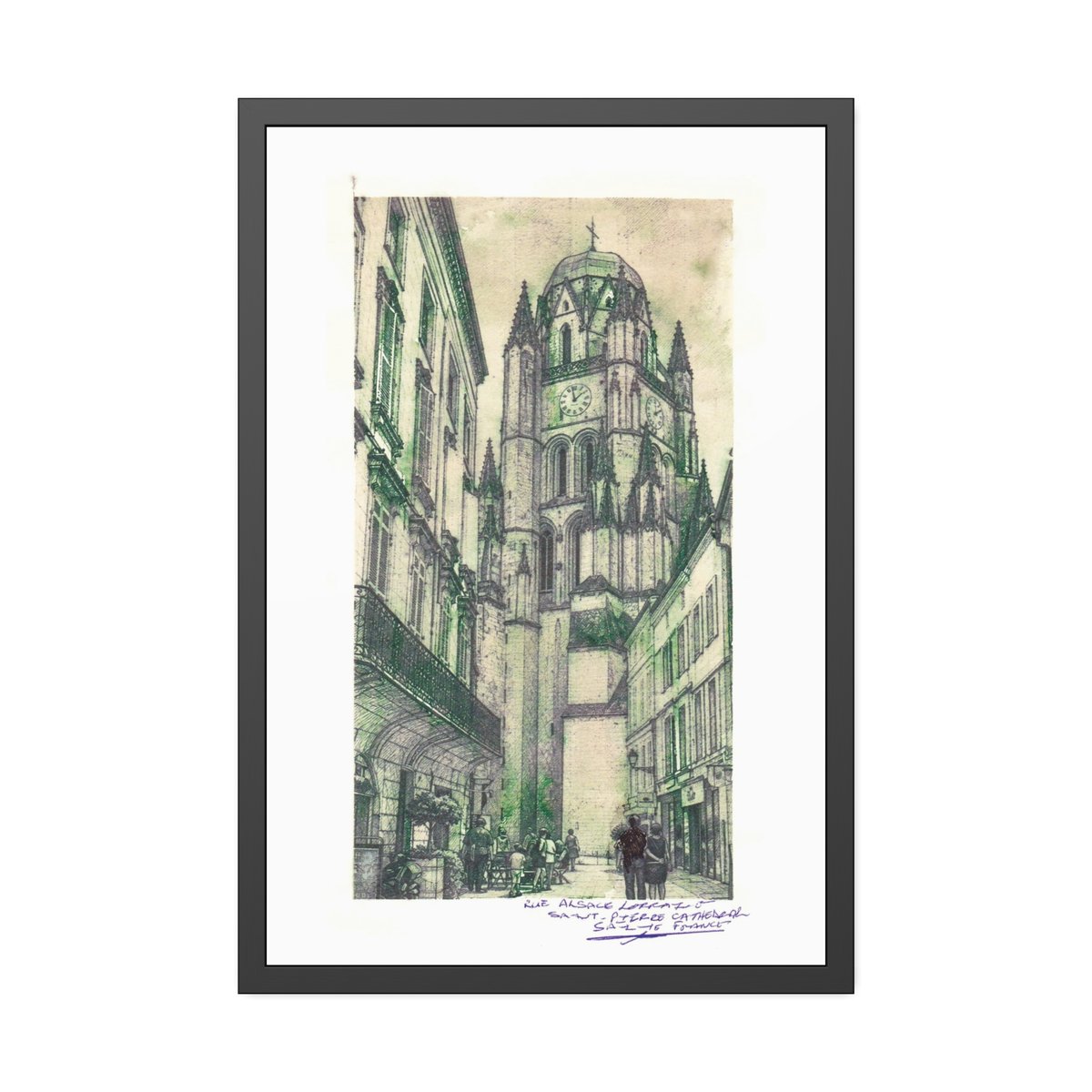 Framed art print of the watercolour drawing of Cathédrale Saint-Pierre in Saintes, France, shown in a dark wood frame