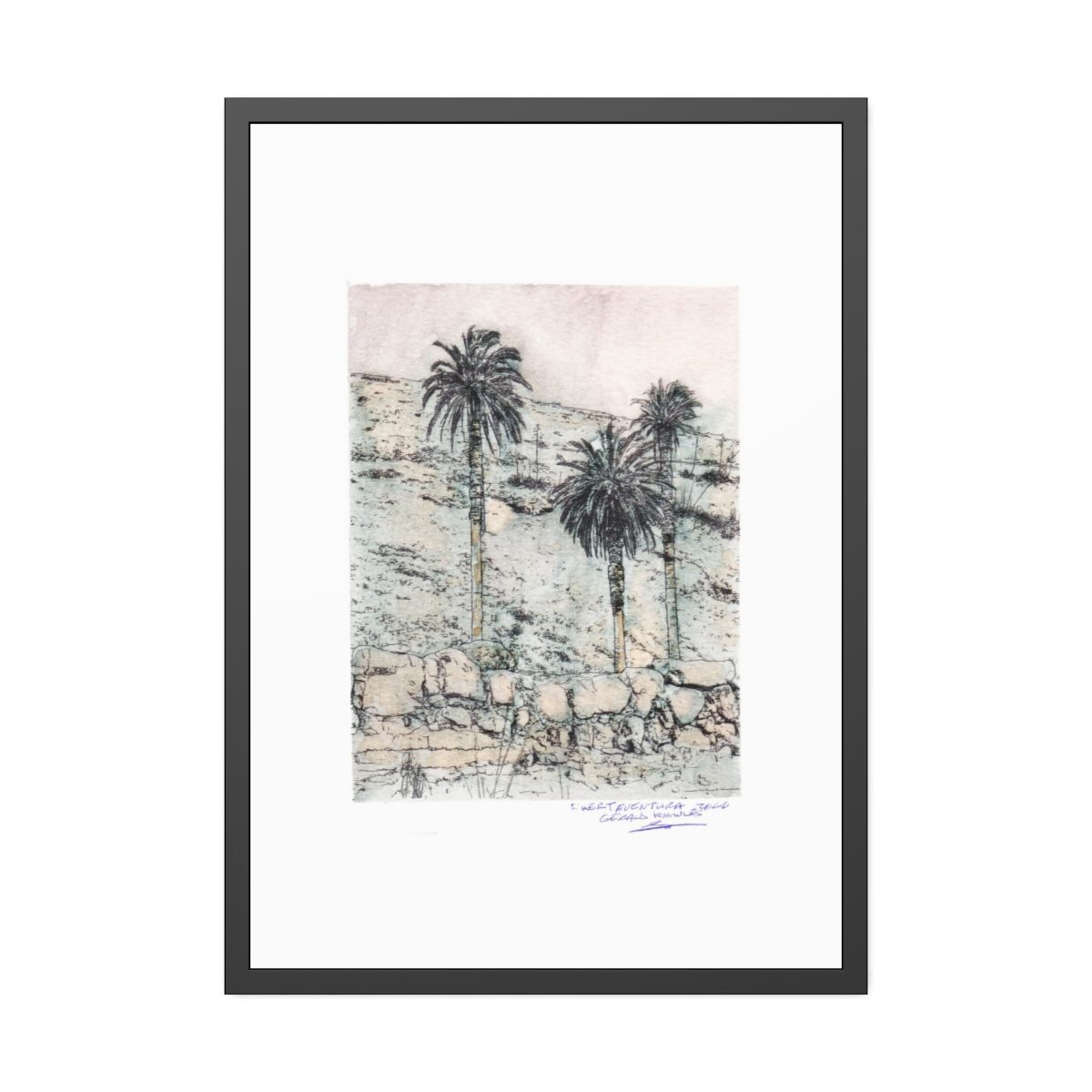 Art print of three palm trees standing against a dry stone terrace wall on a Fuerteventura hillside