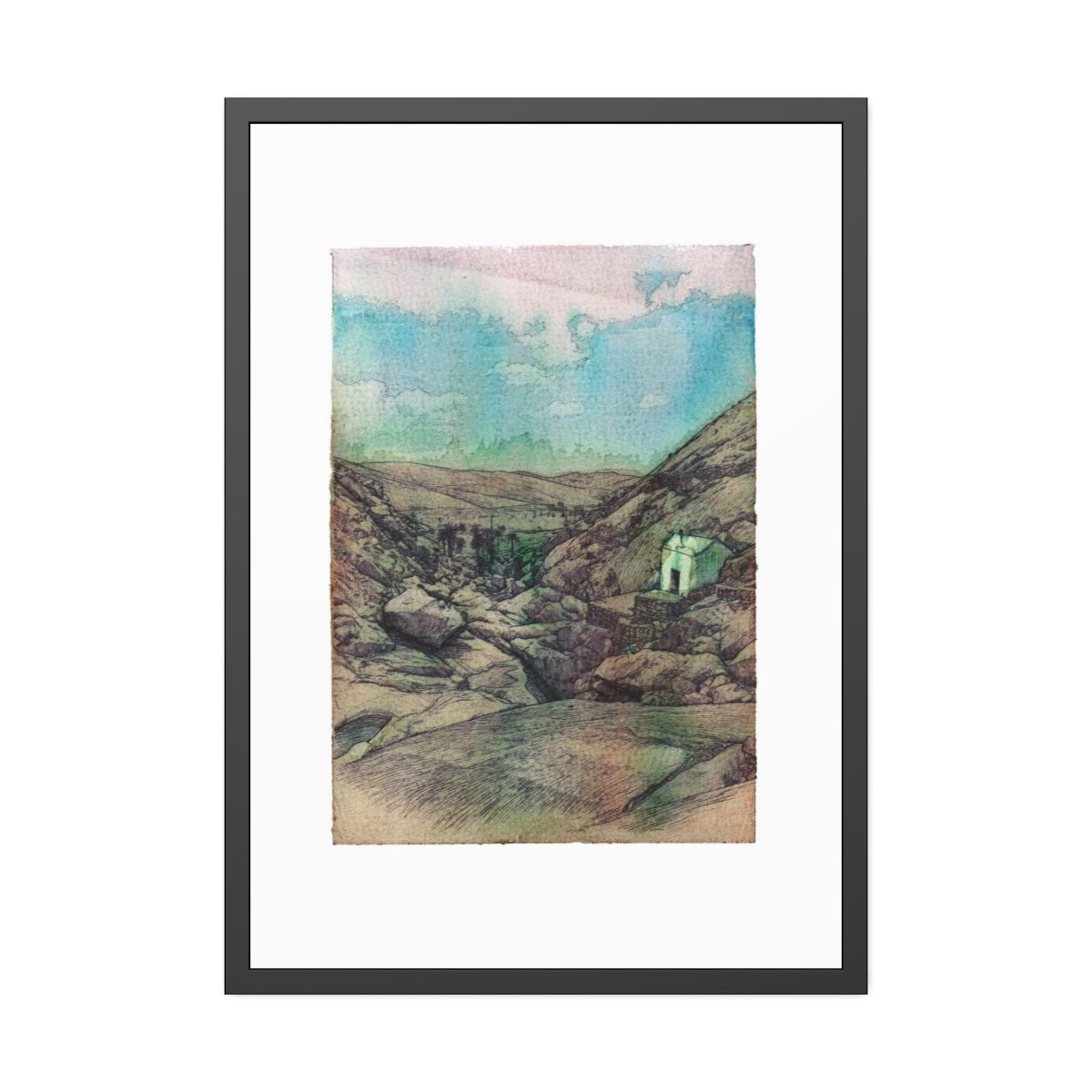 Watercolour art print of a tiny white chapel among ochre and green hills in Fuerteventura, Canary Islands