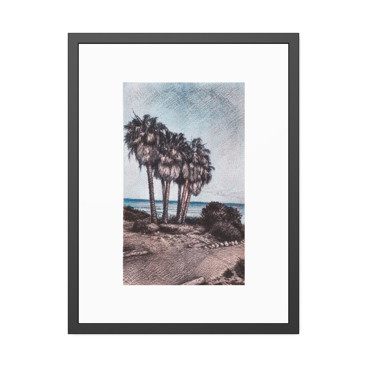 Framed coastal art print of palm trees on a Fuerteventura beach, Canary Islands