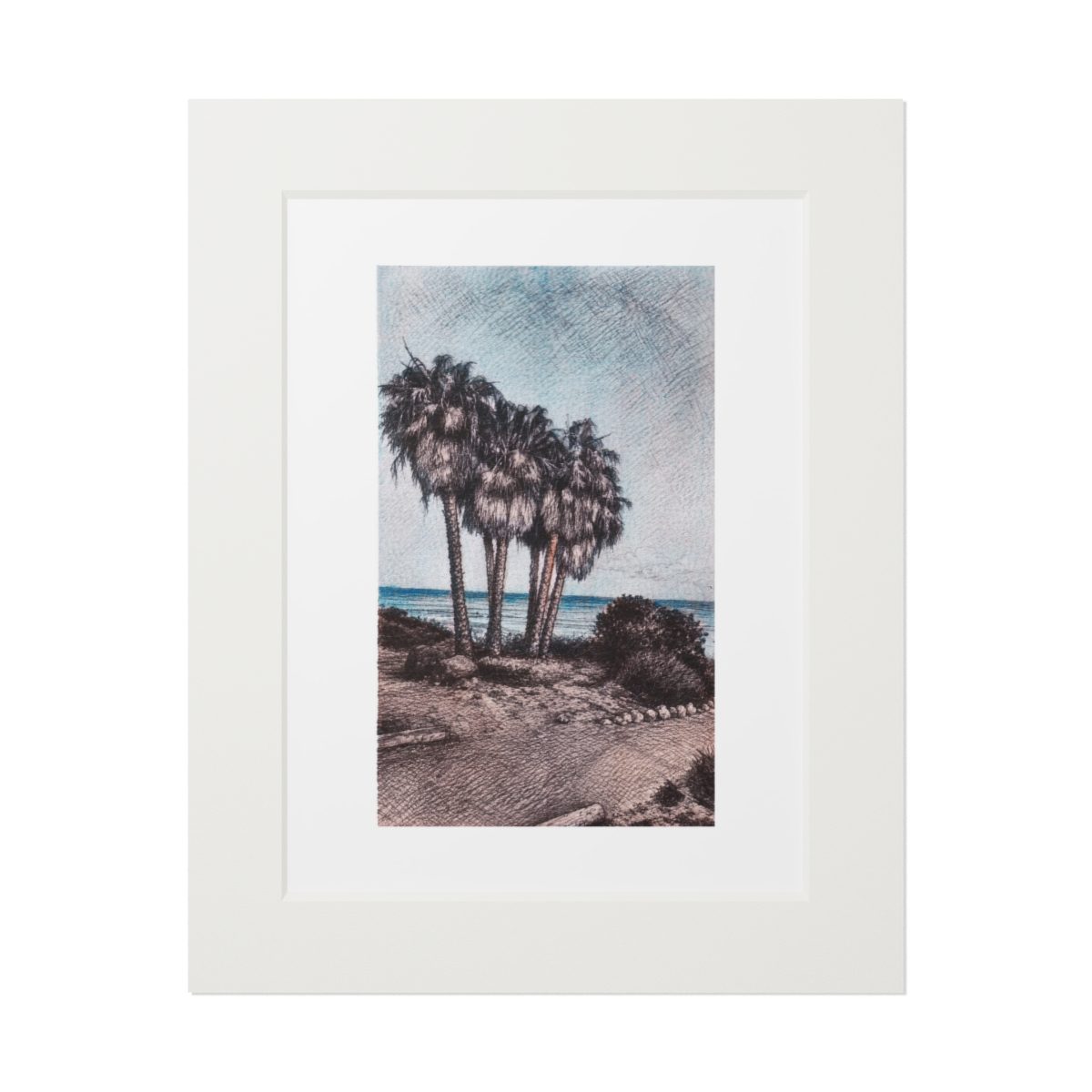 Watercolour and ink art print of a group of palm trees above a beach in Fuerteventura, Canary Islands