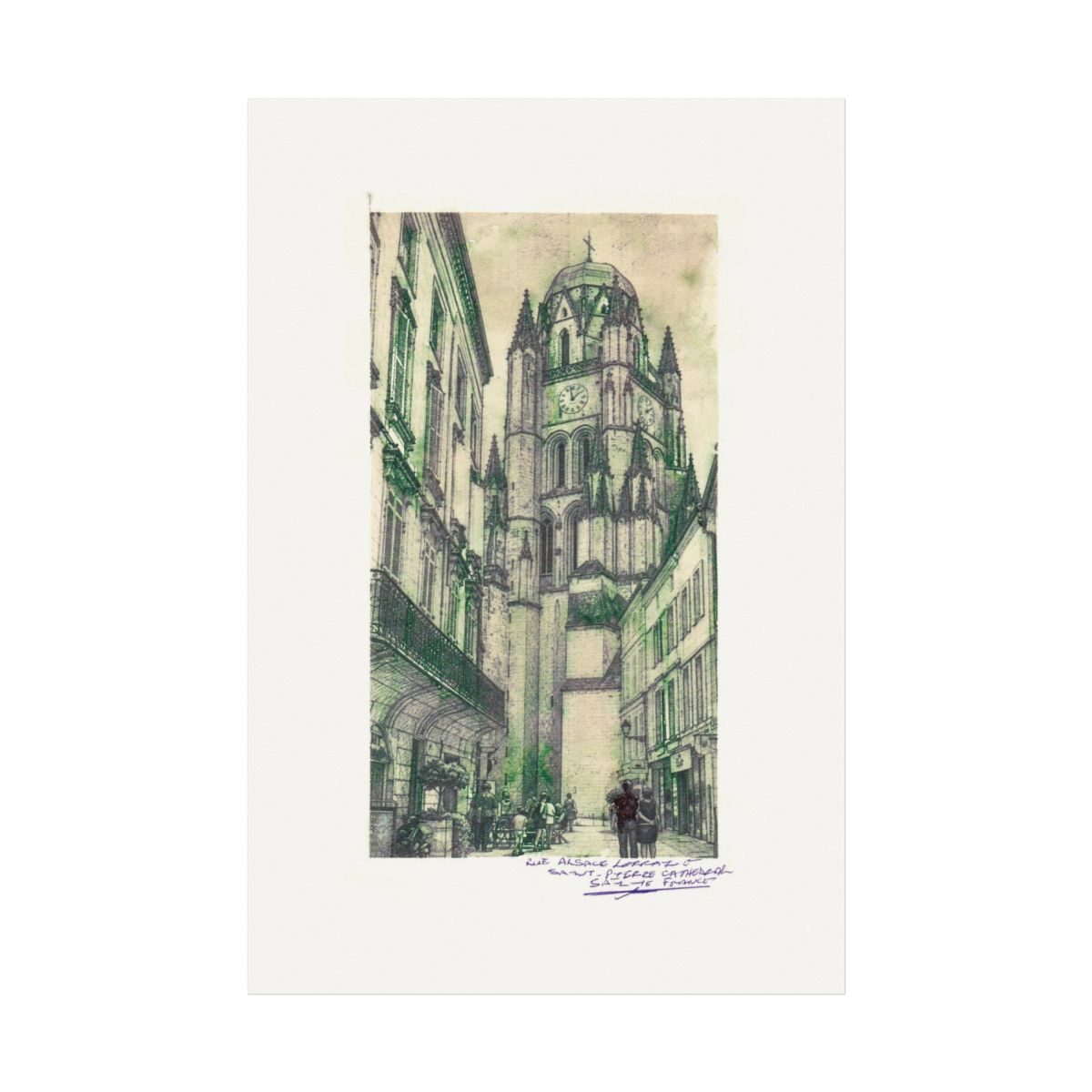 Watercolour and ink art print of the tower of Cathédrale Saint-Pierre in Saintes, France, seen from a narrow street