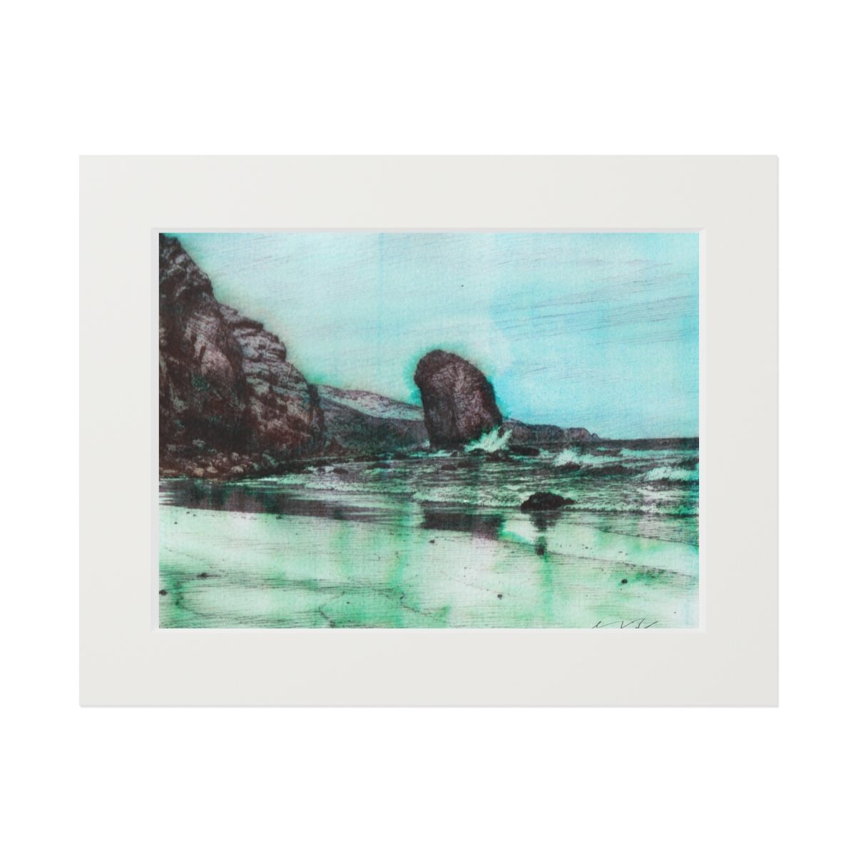 Coastal art print of turquoise waves breaking around dark rocks on the Fuerteventura shoreline