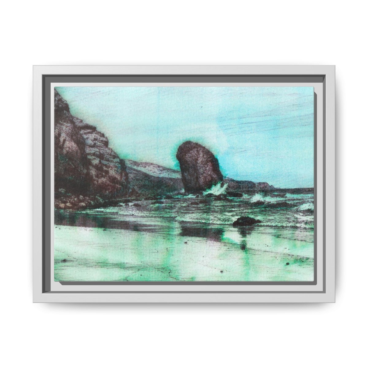 Matte canvas print of turquoise waves breaking around dark volcanic rocks on the Fuerteventura shoreline, framed wall art