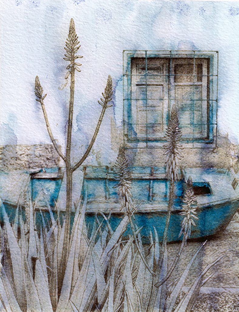 Coastal art print of a blue wooden boat resting beside tall plants in front of a windowed wall, painted in ink and watercolour by Gerald Allen Knowles